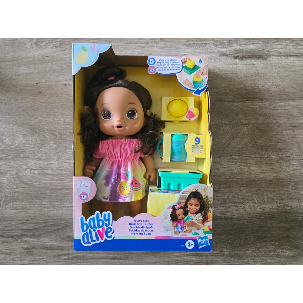 Baby Alive Fruity Sips Doll Brunette Hair Drinks and Wets Hasbro New